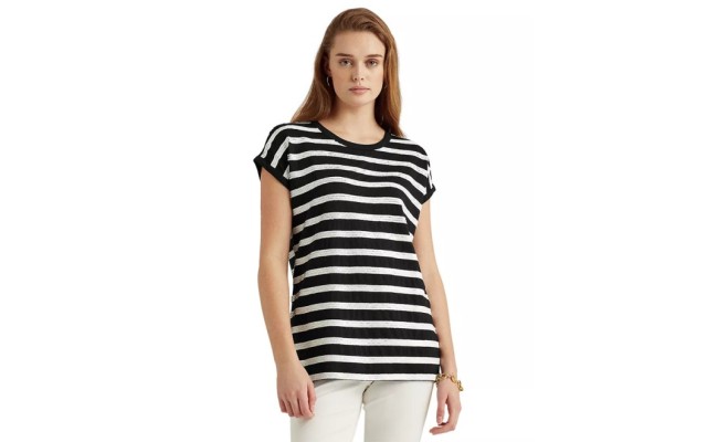  Striped Short Sleeve Sweater,Black, Medium