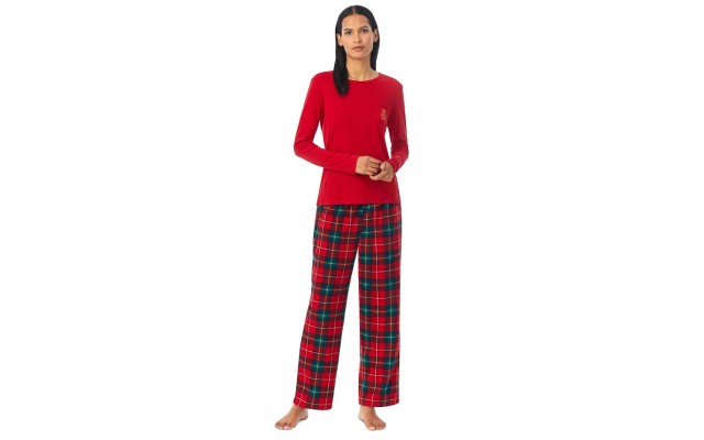  Women’s 2-Pc. Knit-Top Fleece-Pant Pajamas Set – Red Plaid, X-Large