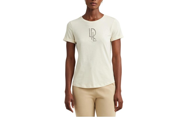  Womens Beaded-Logo Cotton Blend-Jersey Tee, Mascarpone Cream, Large