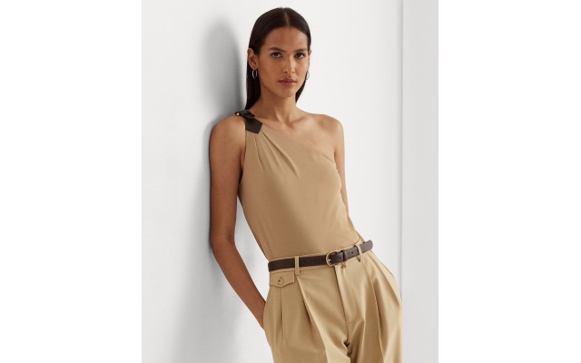  Women’s Buckle Trim Jersey One Shoulder Top, Large, Camel