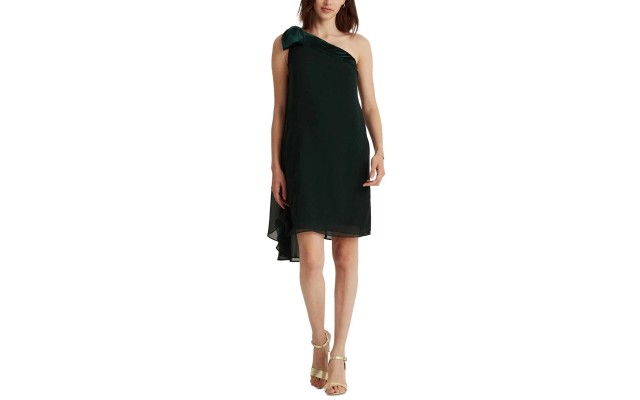  Women’s Chiffon One-Shoulder Dress, Deep Pine-Size 8