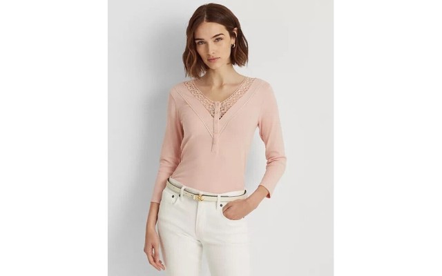  Womens Lace-Trim Henley Top, Pale Pink, Small