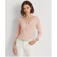 Lauren Ralph Lauren Women’s Lace-Trim Henley Top, Pink, Large
