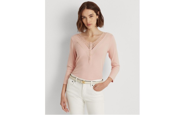  Women’s Lace-Trim Henley Top, Pink, Large