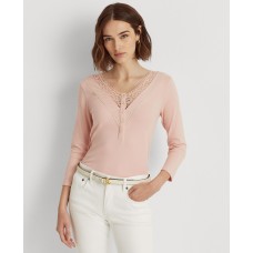 Lauren Ralph Lauren Women’s Lace-Trim Henley Top, Pink, Medium
