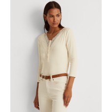 LAUREN RALPH LAUREN Womens Lace-Trim Henley Top,White,Medium