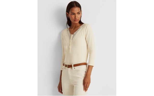  Womens Lace-Trim Henley Top,White,Medium