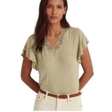 Lauren Ralph Lauren Womens Linen Blend Jersey Flutter Sleeve Top, Ranch Sage, Large