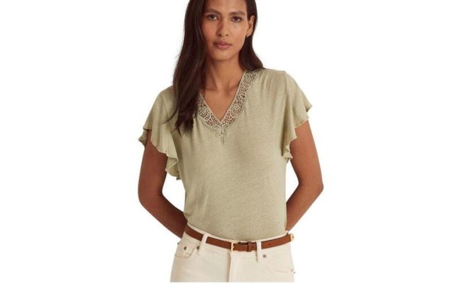 Lauren  Womens Linen Blend Jersey Flutter Sleeve Top, Ranch Sage, Large