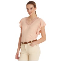 Lauren Ralph Lauren Women’s Linen-Blend Jersey Flutter-Sleeve T-Shirt, Pink, Small