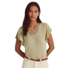 Lauren Ralph Lauren Women’s Linen-Blend Jersey Flutter-Sleeve T-Shirt, Sage, Medium