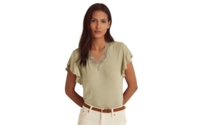  Women’s Linen-Blend Jersey Flutter-Sleeve T-Shirt, Sage, Medium
