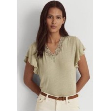 Lauren Ralph Lauren Women’s Linen-Blend Jersey Flutter-Sleeve T-Shirt, Sage, Small