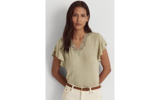  Women’s Linen-Blend Jersey Flutter-Sleeve T-Shirt, Sage, Small