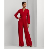 Lauren Ralph Lauren Women’s Logo-Trim Jersey Wide-Leg Jumpsuit, Martin Red, XS