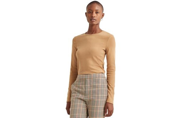  Womens Long Sleeve Tee Pullover Top, Tan, Small