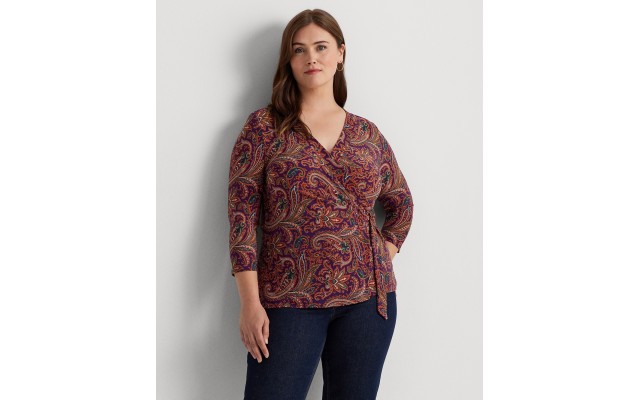  Womens Plus Size Paisley Faux-Wrap Top – Orange/Purple/Multi, 2X