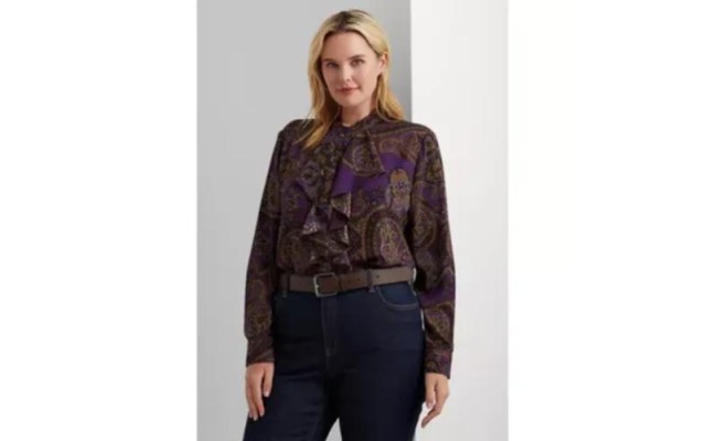  Women’s Plus-Size Paisley Ruffle-Trim Georgette Shirt, Purple, 1X