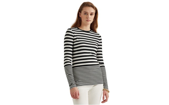  Womens Striped Snap-Trim Long-Sleeve Top, Black, X-Large