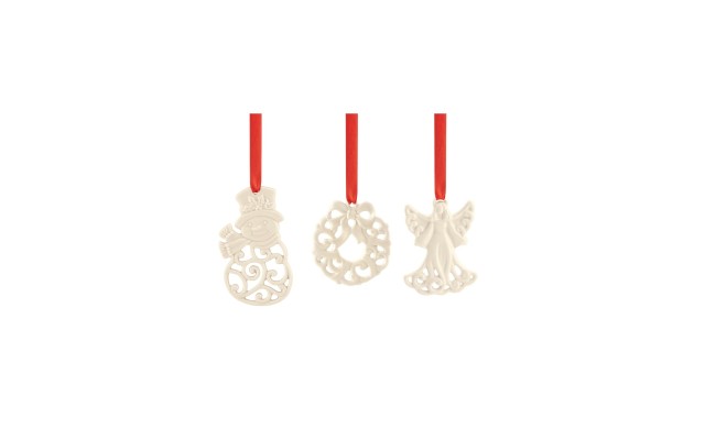  Christmas Ornaments Set of 3 – Snowman, Wreath, Angel, Ivory