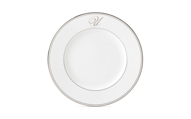  Federal Platinum Monogram Dinner Plate, Script Letters,U, White