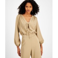 Lerumi Womens Everly Tie-Front Tops, Beige, Medium
