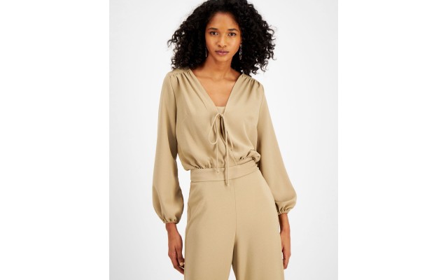 Lerumi Womens Everly Tie-Front Tops, Beige, Medium