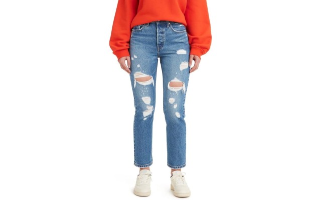 Levi’s 501 Cropped Curvy Straight-Leg High Rise Jeans, Dark Indigo Destructed, 25