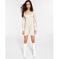 Leyden Blouson-Sleeve Mini Dress, Beige, Medium