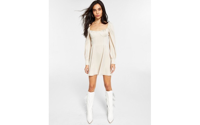  Blouson-Sleeve Mini Dress, Beige, Medium