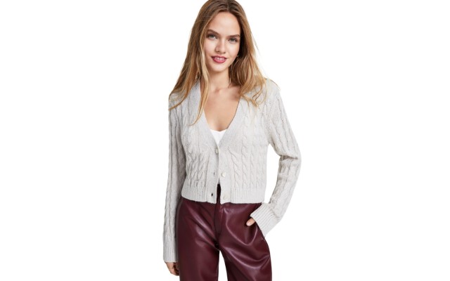  Women’s Glitter Cable Knit Button-Front Cardigan, Cream, Large