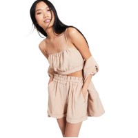 Leyden Women’s Linen Gathered Cami Crop Top, Almond, Small