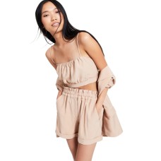 Leyden Women’s Linen Gathered Cami Crop Top, Almond, Small