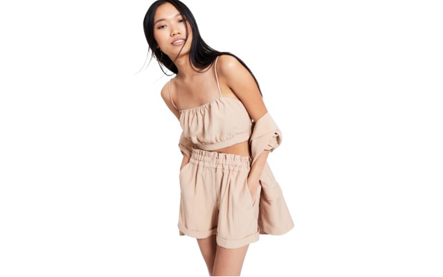  Women’s Linen Gathered Cami Crop Top, Almond, Small