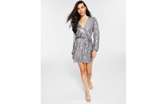  Womens Sequined Wrap Dress (Silver, XS)