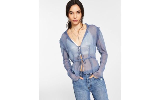  Womens Sheer Tie-Front Top, Light Purple/L