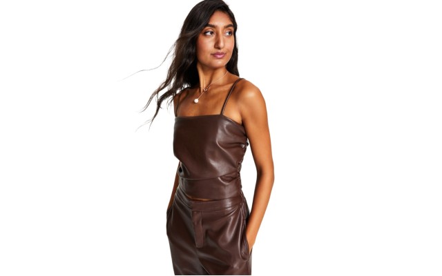  Women’s Smocked-Back Faux-Leather Spaghetti-Strap Top, Brown, Small