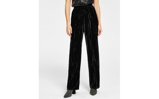  Womens Velvet Wide-Leg Pants, Black, Large