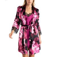 Linea Donatella Women’s Erina 2-Pc. Printed Robe & Chemise Set – Black, Small