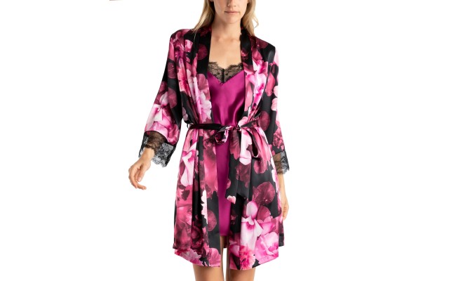  Women’s Erina 2-Pc. Printed Robe & Chemise Set – Black, Small