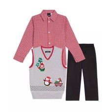 Little Boys Holiday Penguins 3 Piece Sweater Set, Red/Black/Grey, 7 Regular