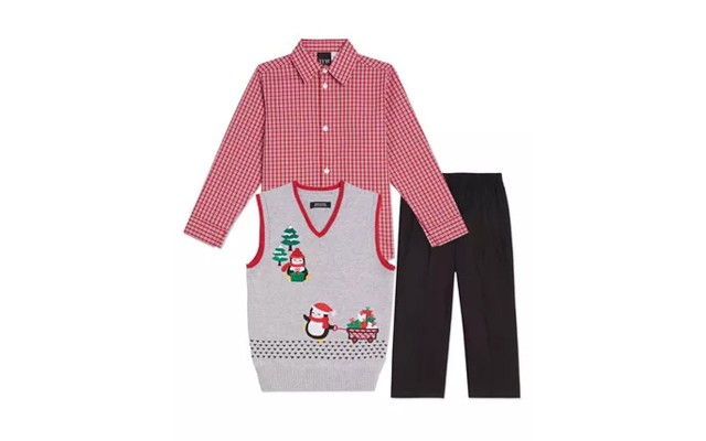 Little Boys Holiday Penguins 3 Piece Sweater Set, Red/Black/Grey, 7 Regular