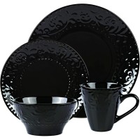 Lorren Home Trends 16 Piece Stoneware Scroll Dinnerware Set, Service for 4, Black
