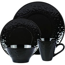 Lorren Home Trends 16 Piece Stoneware Scroll Dinnerware Set, Service for 4, Black