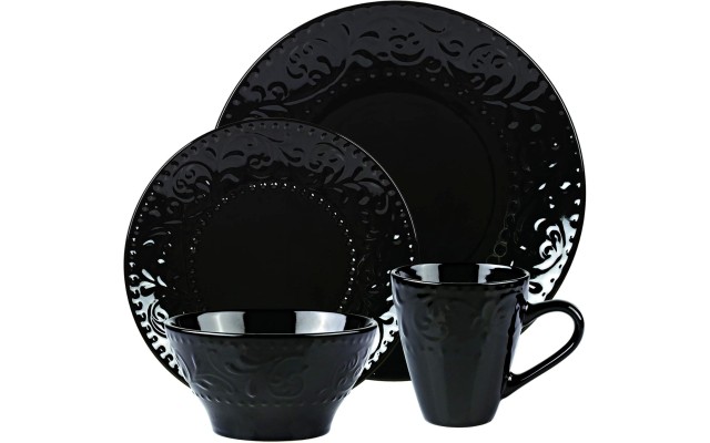  16 Piece Stoneware Scroll Dinnerware Set, Service for 4, Black