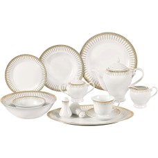 Lorren Home Trends 57-Piece Porcelain Dinnerware Set with Rain Drop Border, Service for 8, Gold