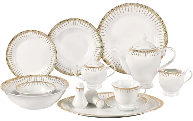  57-Piece Porcelain Dinnerware Set with Rain Drop Border, Service for 8, Gold