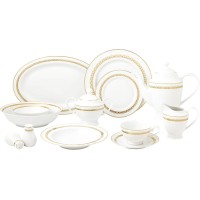 Lorren Home Trends New Bone China 57 Piece Dinnerware Set, Service for 8, Gold