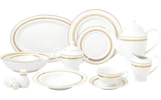  New Bone China 57 Piece Dinnerware Set, Service for 8, Gold