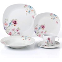 Lorren Home Trends Small Floral Design Square Dinnerware Set, 20 Piece